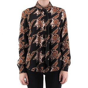 Scotch & Soda Geometric Print Bow Button Down Shirt Blouse Black Brown Medium